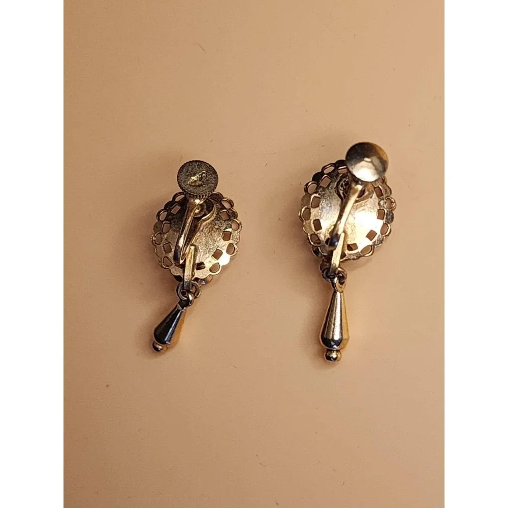 80+ Yr Old Antique CORO Blue Green Dangle Teardrop Gold Tone Screwback Earrings